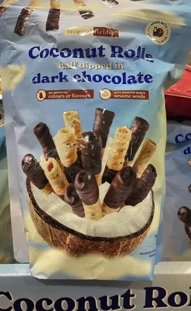 Tropical Fields Coconut Rolls half dipped in dark chocolate - The Good Store